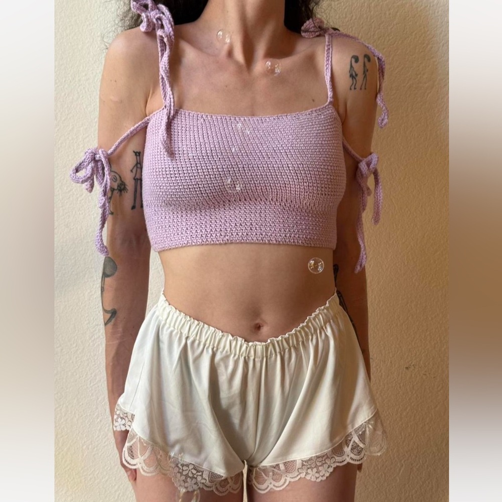 Hand Crocheted by Me! Lavender double Tie-Strap Crop Top XS/S